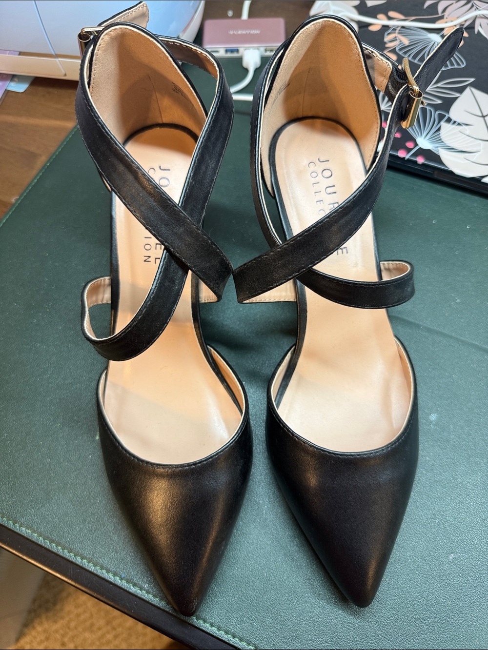 Journee Collection Black Pointed Toe Crisscross Ankle Strap Heels